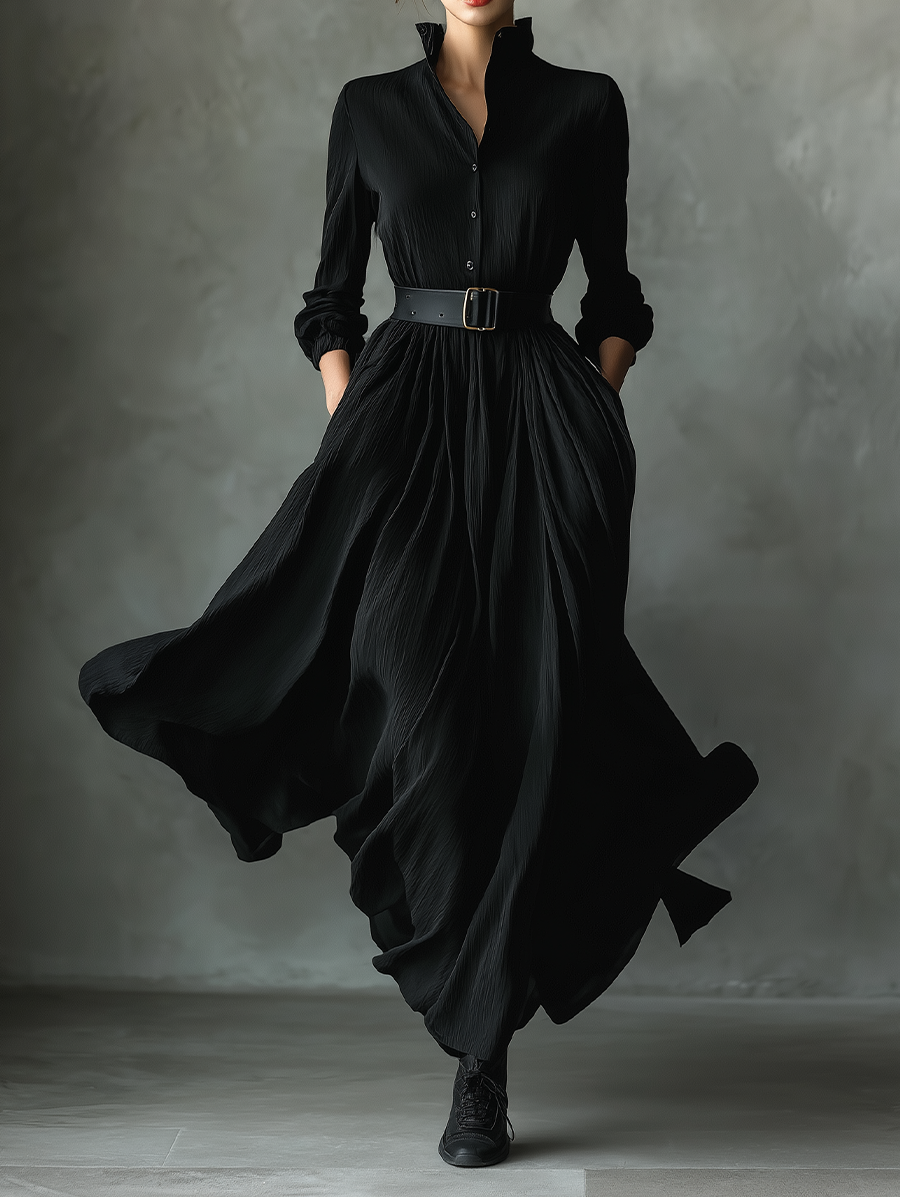 Vestido longo feminino vintage preto, de tecido misto texturizado e plissado