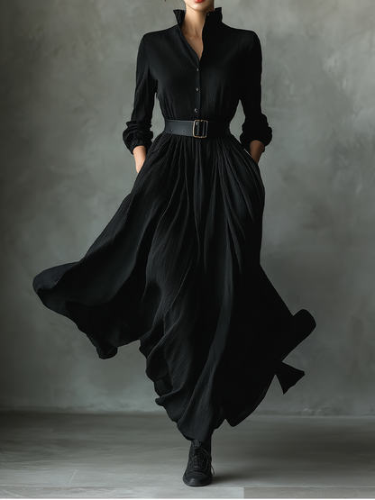 Vestido longo feminino vintage preto, de tecido misto texturizado e plissado
