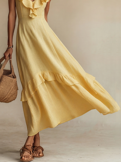 Gelbes Leinenkleid für Damen mit Volants am V-Ausschnitt und Saum – zeitloser Boho-Resort-Stil