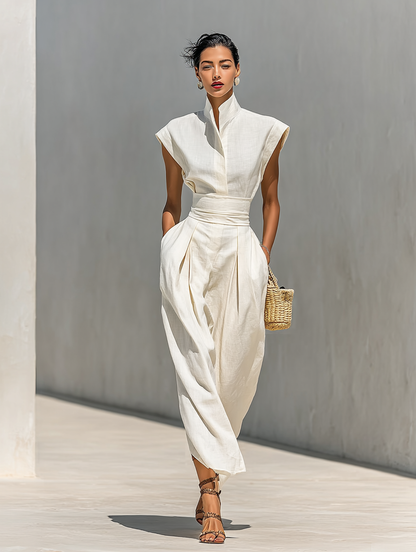 Vestido maxi feminino de algodão puro, com gola de lapela, mangas curtas e cintura marcada