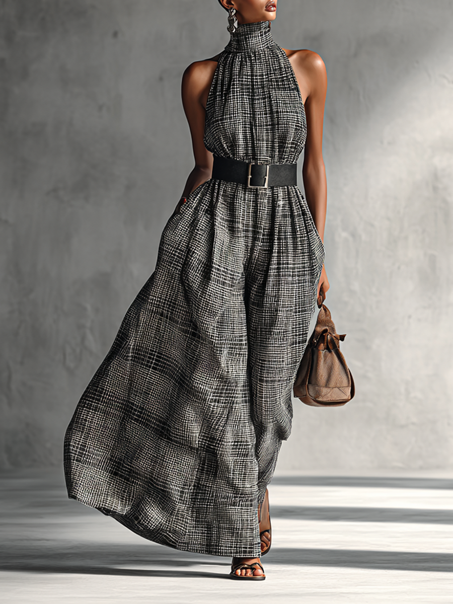 Damen-Maxikleid mit Karomuster, Stehkragen, ärmellos und Gürtel