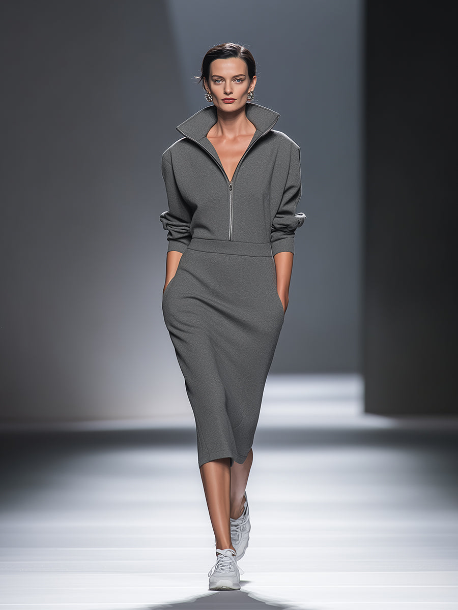 Vestido midi casual feminino de algodão e poliéster com meio zíper