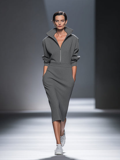 Vestido midi casual feminino de algodão e poliéster com meio zíper