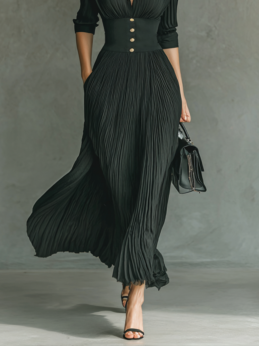 Vestido maxi feminino de cor sólida, com gola lapela, cintura plissada e mangas longas