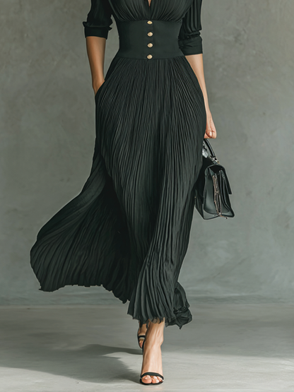 Vestido maxi feminino de cor sólida, com gola lapela, cintura plissada e mangas longas