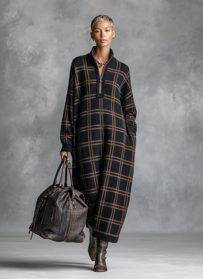 Vestido longo de tricô feminino, soltinho, xadrez e com zíper na gola