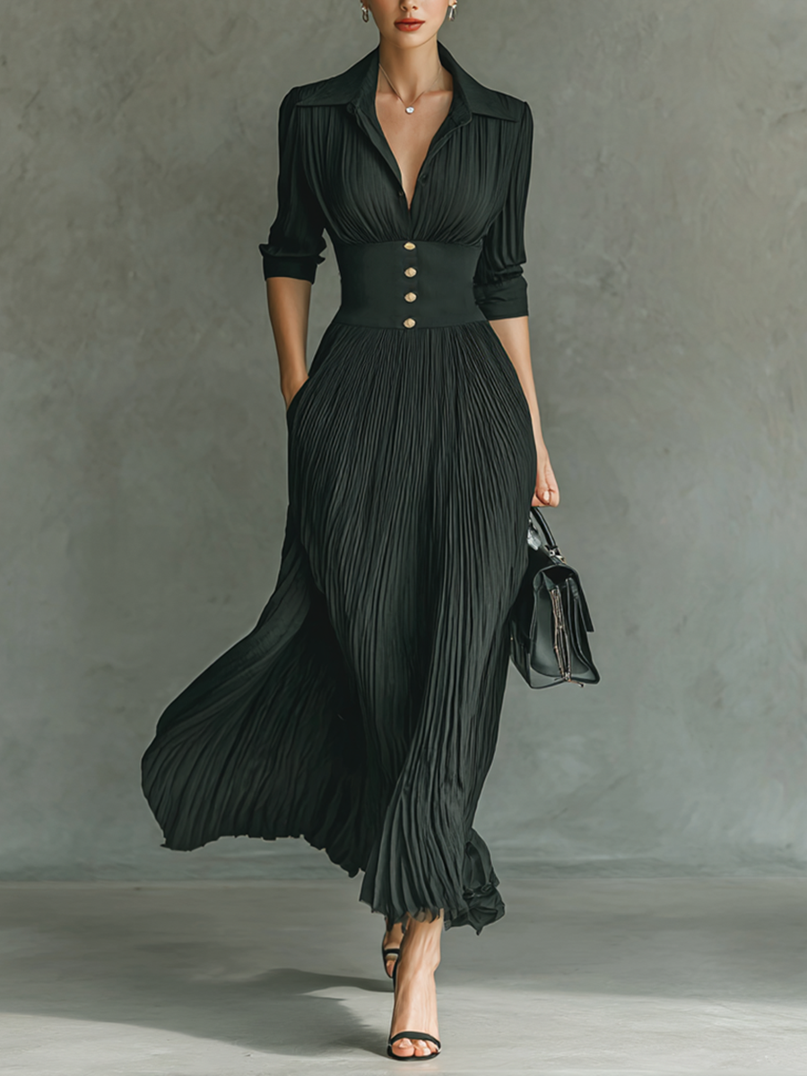 Vestido maxi feminino de cor sólida, com gola lapela, cintura plissada e mangas longas