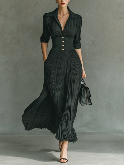 Vestido maxi feminino de cor sólida, com gola lapela, cintura plissada e mangas longas