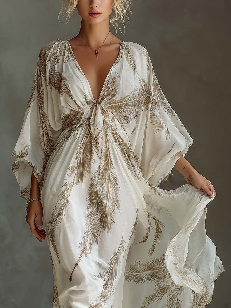 Women's Ivory And Taupe Chiffon Fabric Dolman Sleeve Maxi Dress With Twist Front & Palm Leaf Print