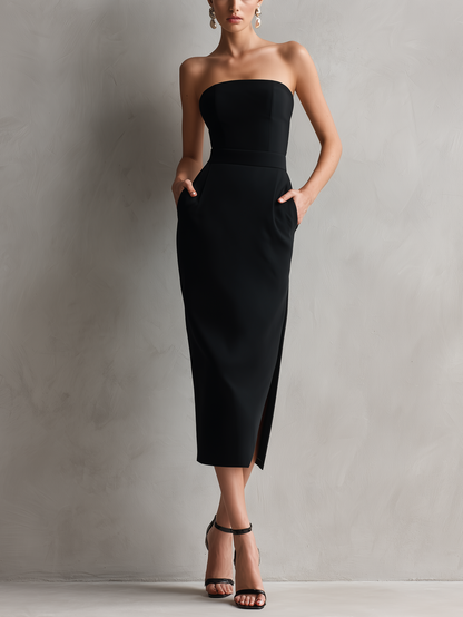 Vestido midi elegante negro entallado y elástico sin tirantes para mujer