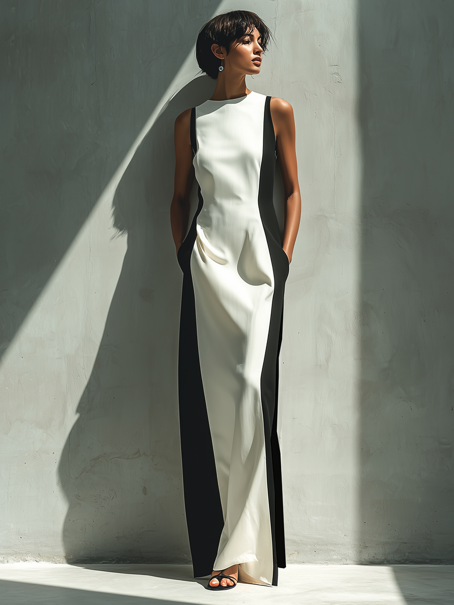Schwarz-weißes ärmelloses Maxikleid für Damen mit figurbetontem Oberteil und Seitentaschen