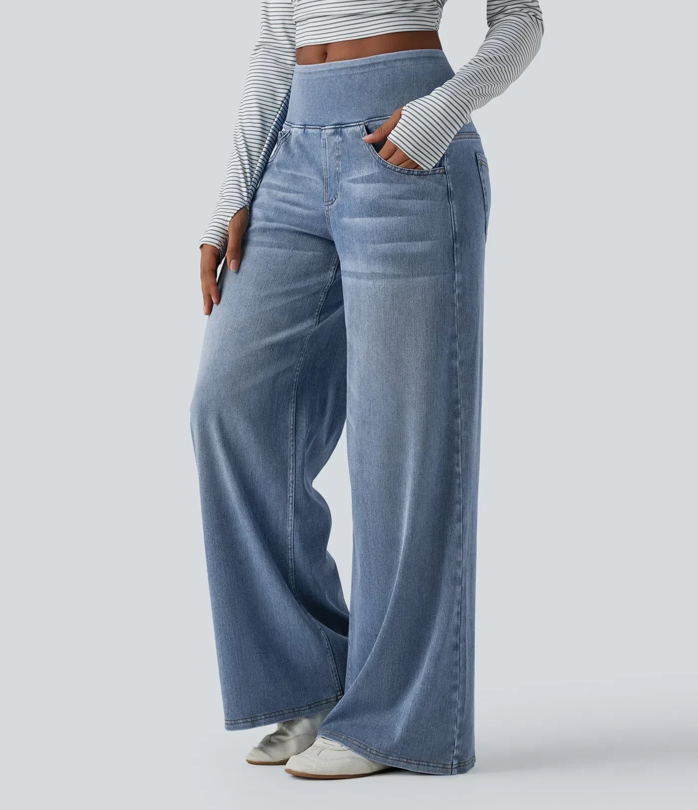 Velouré Flex™ afslappede, baggy jeans med mellemhøj talje, draperet vask, brede ben og lommer
