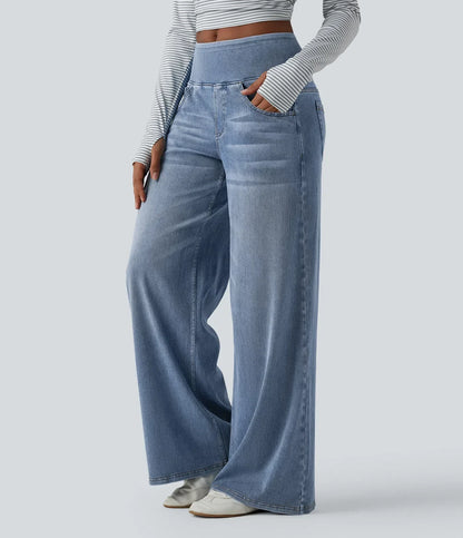 Velouré Flex™ afslappede, baggy jeans med mellemhøj talje, draperet vask, brede ben og lommer