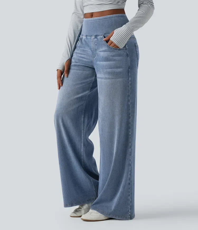 Velouré Flex™ afslappede, baggy jeans med mellemhøj talje, draperet vask, brede ben og lommer