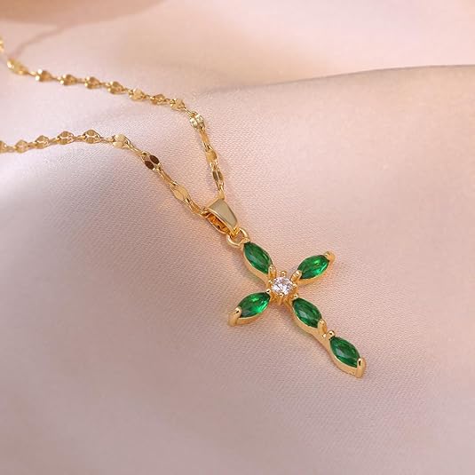 Collar con cruz de esmeralda | Dorado
