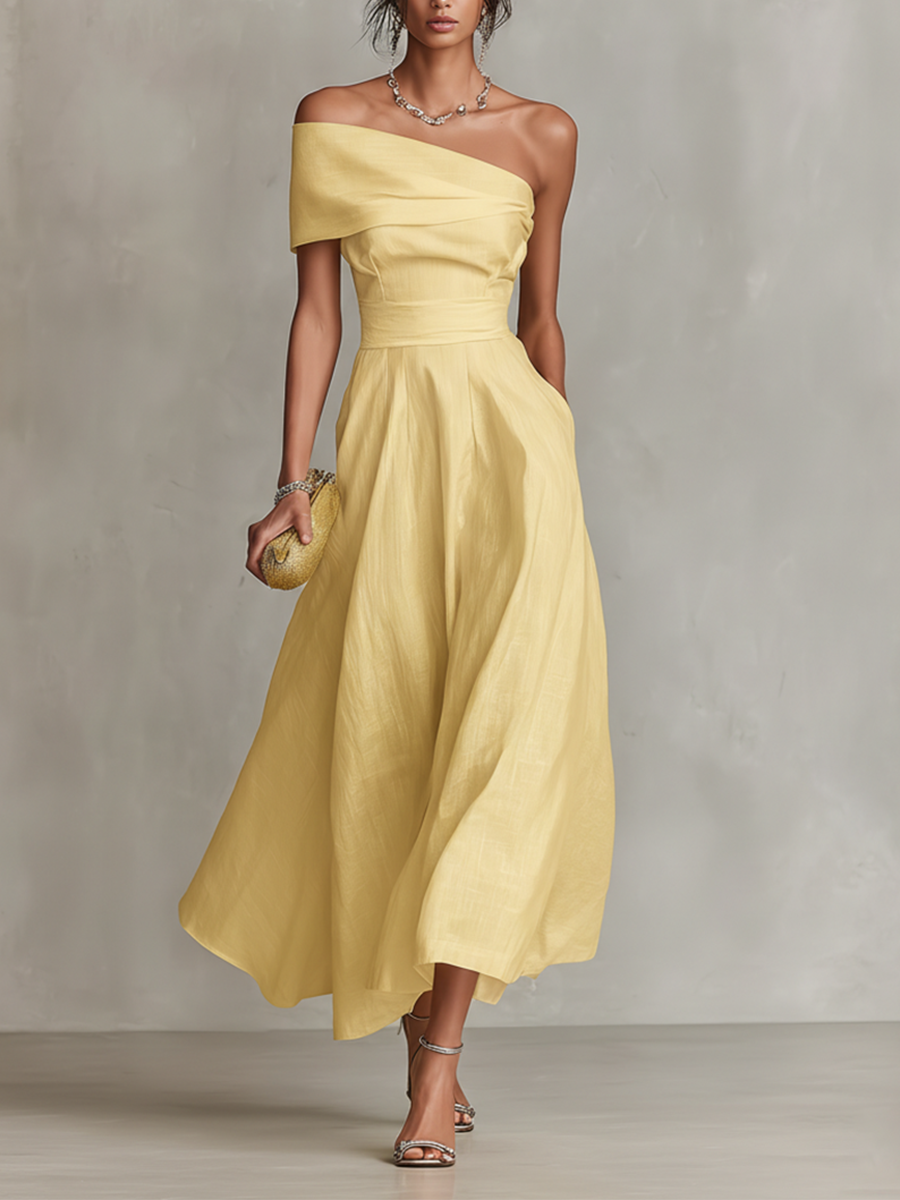 Gelbes Damen-Leinenkleid mit One-Shoulder-Ausschnitt und taillierter Passform, zeitlos eleganter Chic-Stil