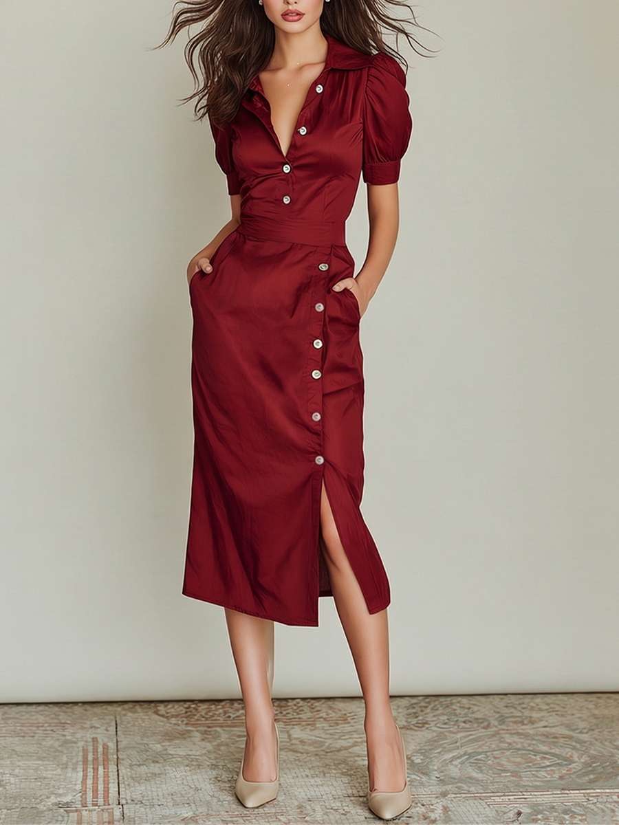 Vestido feminino de cetim vinho com frente abotoada e saia midi com fenda lateral, estilo moderno e elegante para o escritório