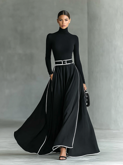 Damen-Maxikleid in Schwarz mit weißen Ziernähten, Stehkragen, langen Ärmeln und engem Taillengürtel