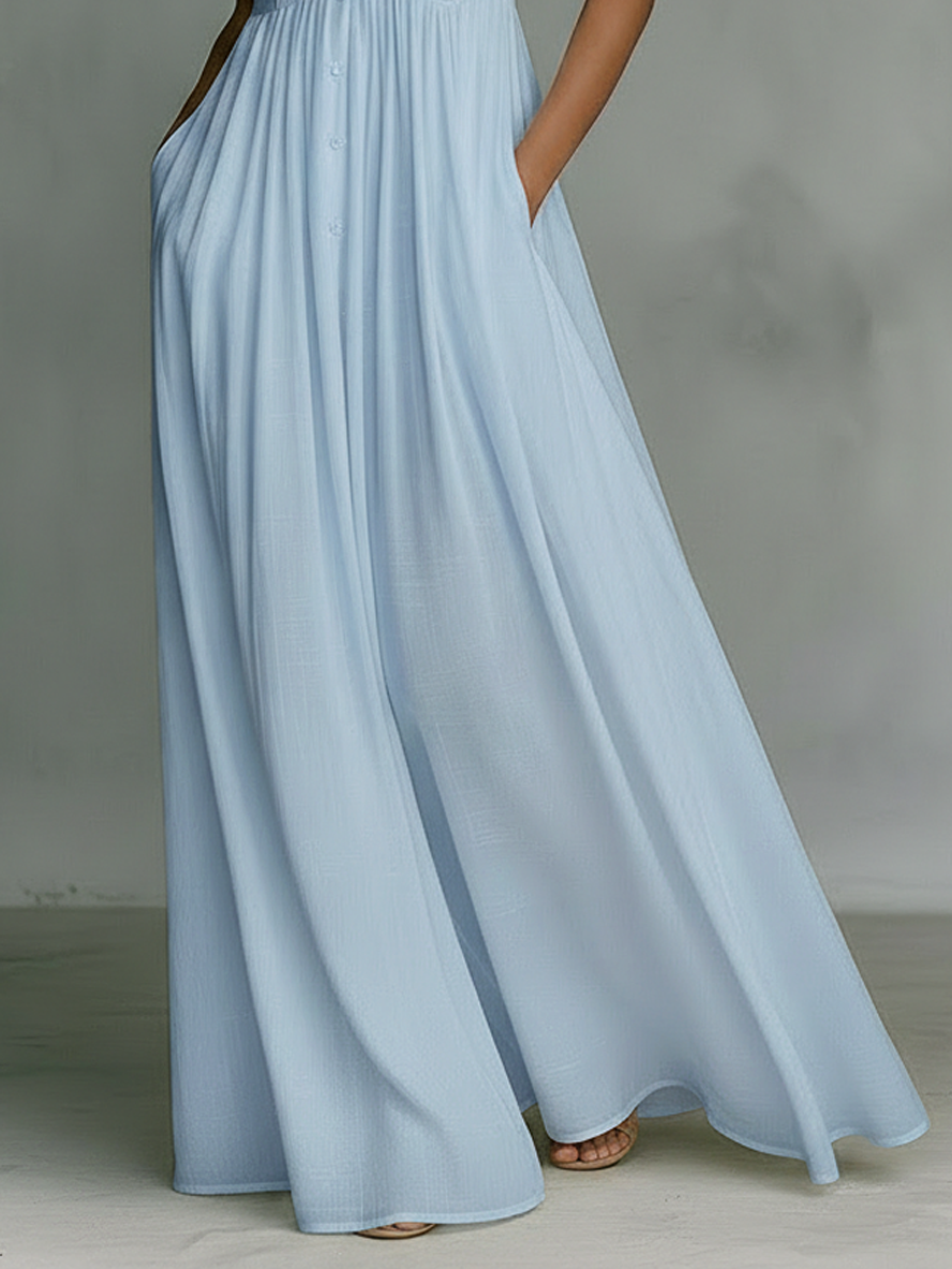 Vestido feminino minimalista longo, sem mangas, de mistura de algodão e linho