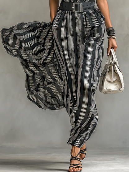 Vestido maxi feminino de chiffon listrado estampado, com gola de lapela e mangas curtas