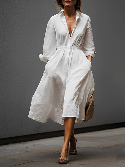 Weißes Leinenkleid für Damen mit Hemdkragen und elastischem Taillenbund – zeitloser, mühelos eleganter Stil
