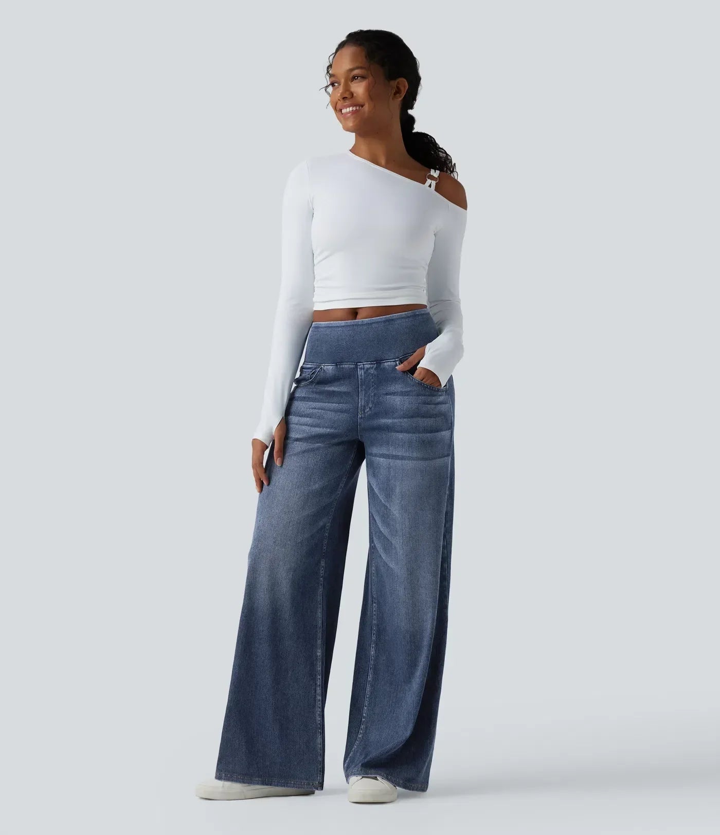 Velouré Flex™ afslappede, baggy jeans med mellemhøj talje, draperet vask, brede ben og lommer