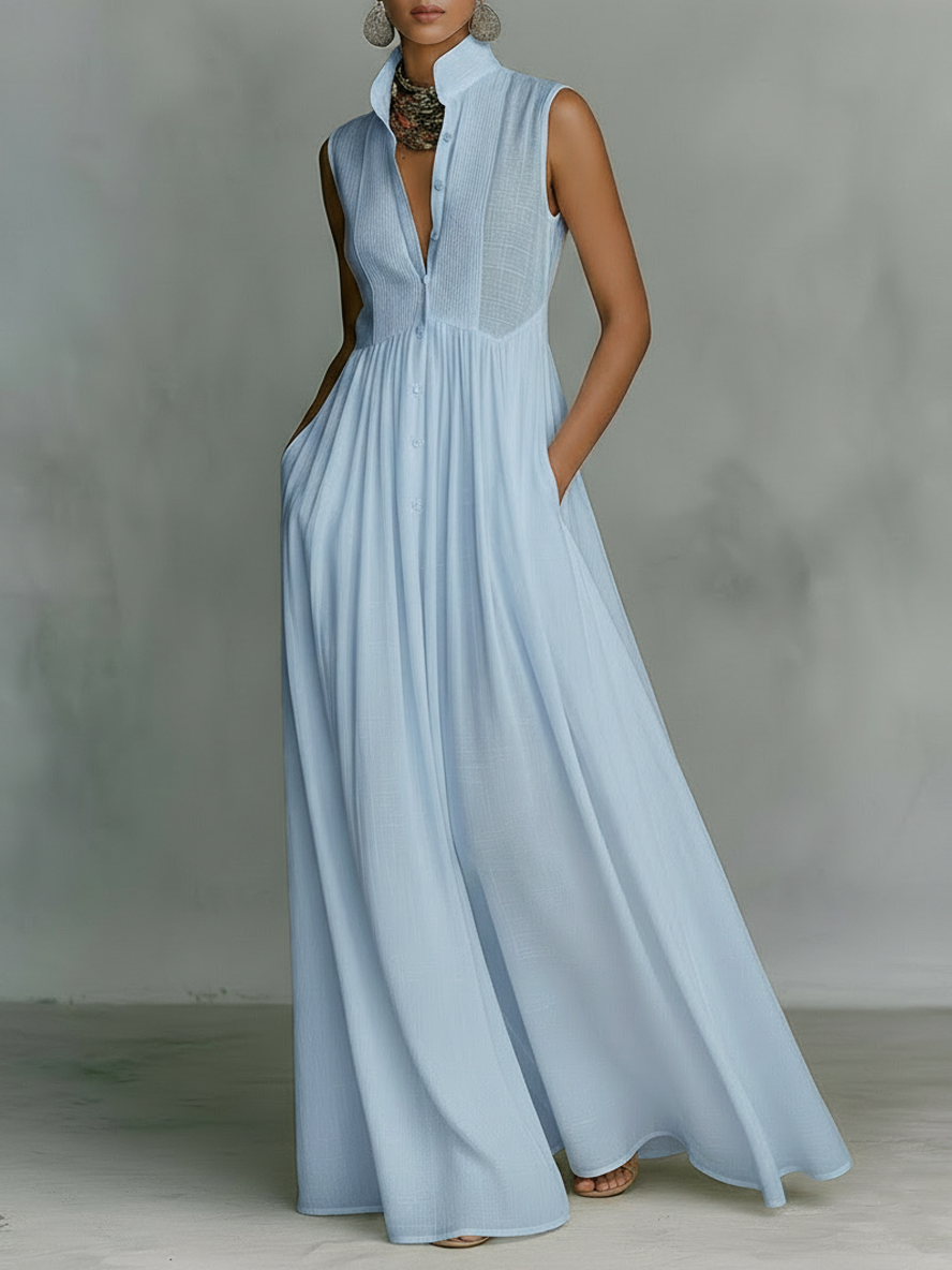 Vestido feminino minimalista longo, sem mangas, de mistura de algodão e linho