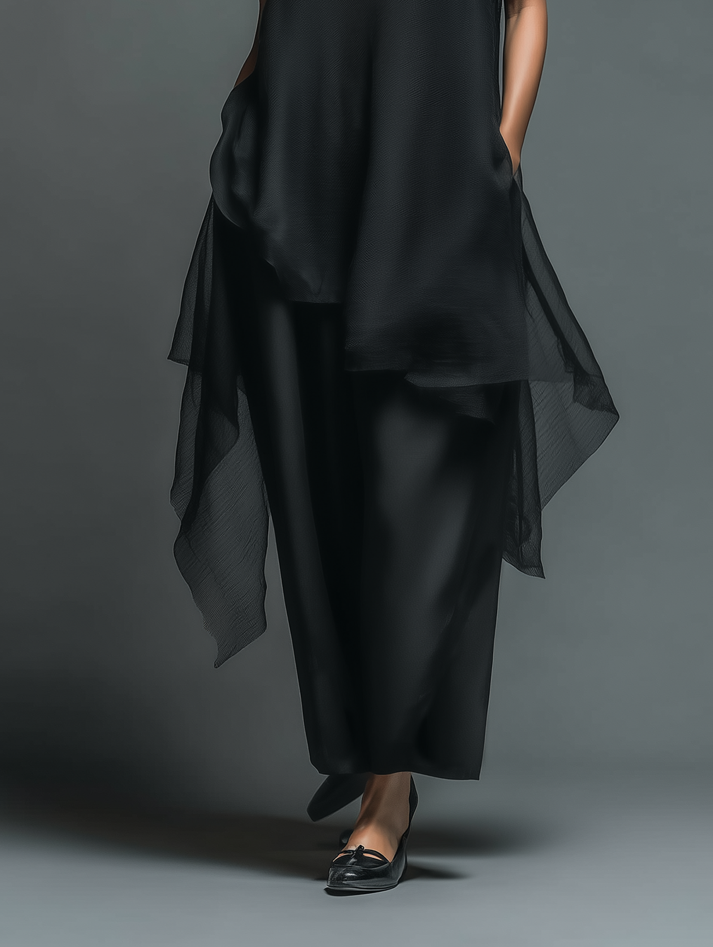 Women's Minimalist Imitation Acetate Slip Dress Paired With A Chiffon Overlay Maxi Dress