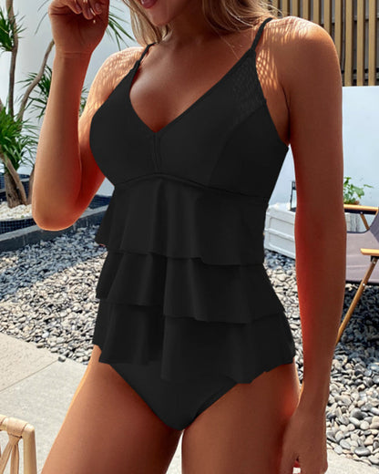 Lia | Traje de baño de color sólido con volantes a la moda