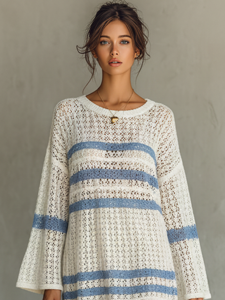 Women's Vacation Style Openwork Knit Striped Mini Dress