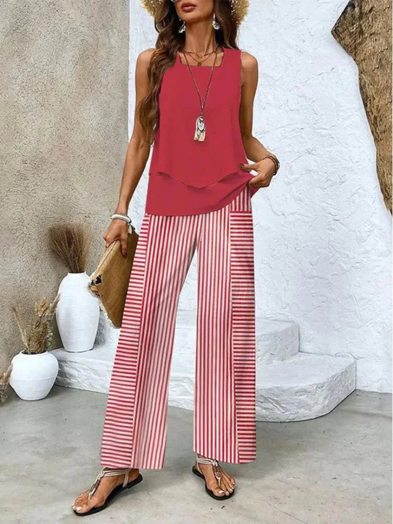 Ovelynra | Ärmelloses Top und Set mit weitem Hosenbein