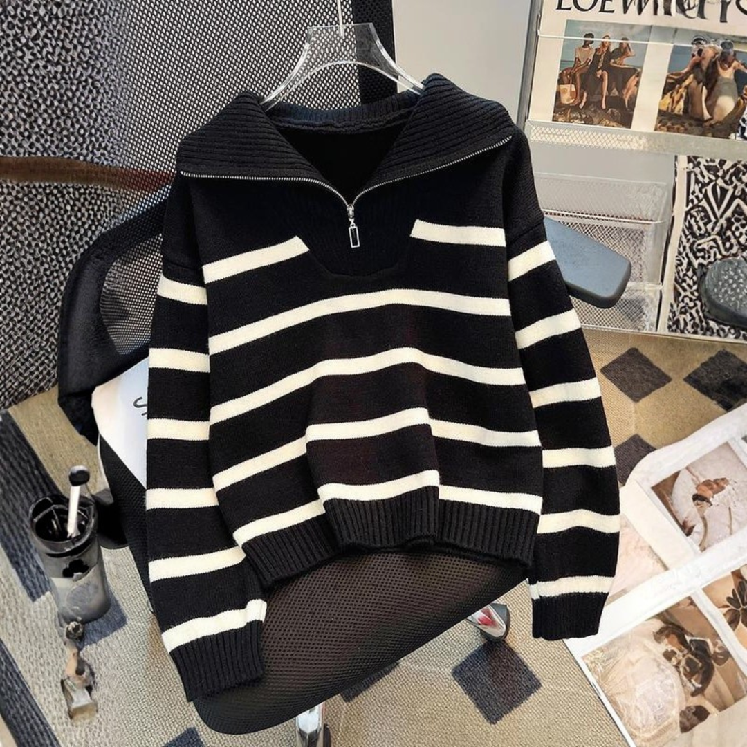 NEVAEH™ - Blusa Listrada Chic de Manga Longa com Gola