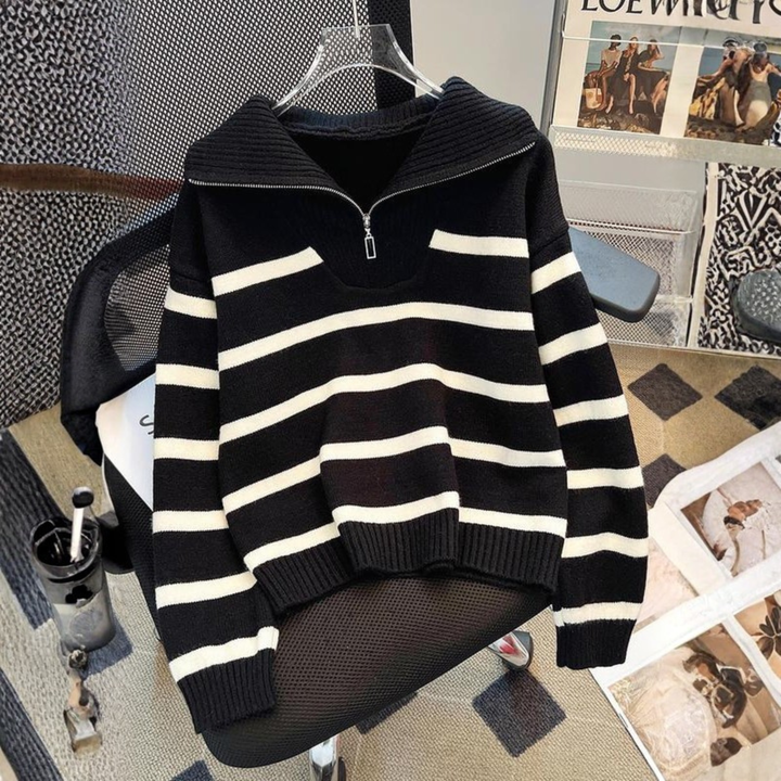 NEVAEH™ - Blusa Listrada Chic de Manga Longa com Gola