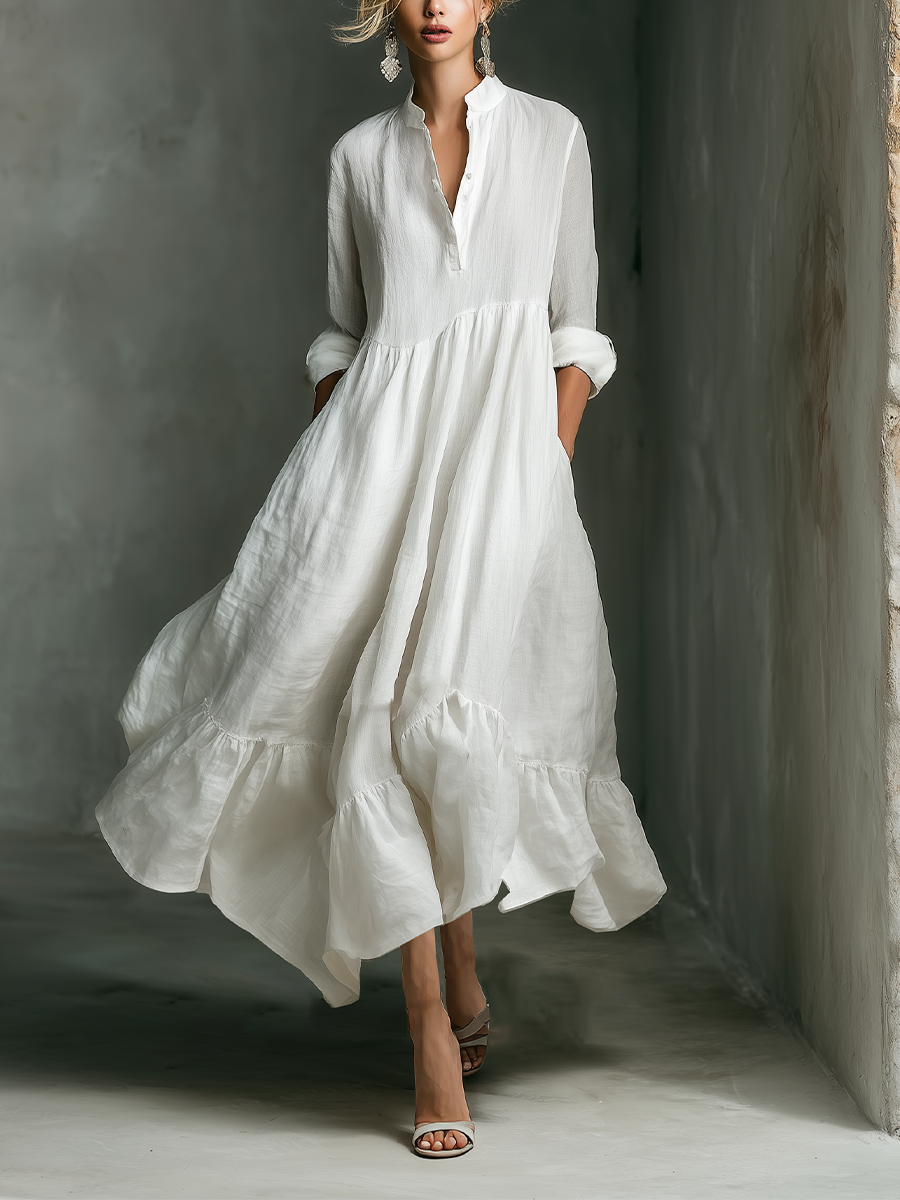 Weißes langärmeliges Maxikleid für Damen mit Rüschen