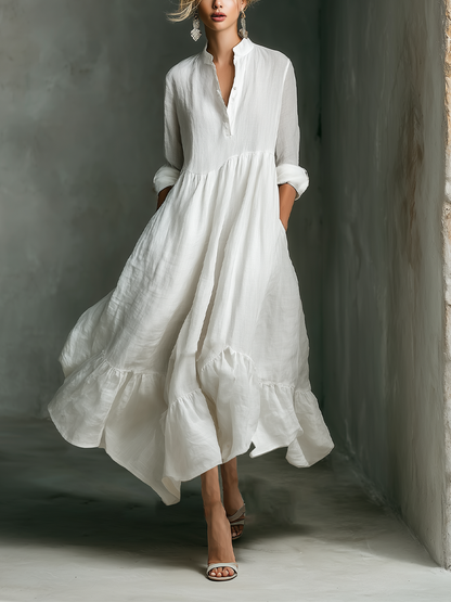 Weißes langärmeliges Maxikleid für Damen mit Rüschen