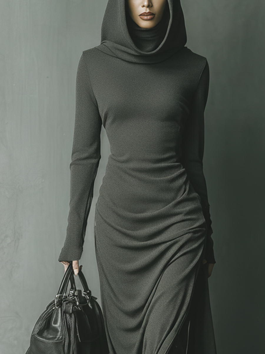 Vestido longo feminino de malha cinza-escuro com capuz e alta elasticidade