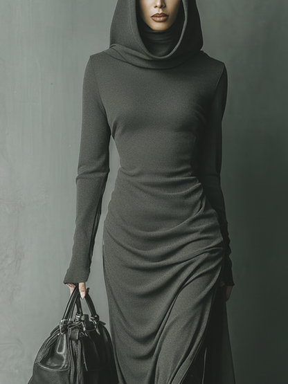 Vestido longo feminino de malha cinza-escuro com capuz e alta elasticidade