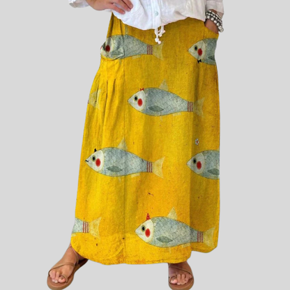 Saia feminina vintage com bolso de linho e estampa artística de peixe