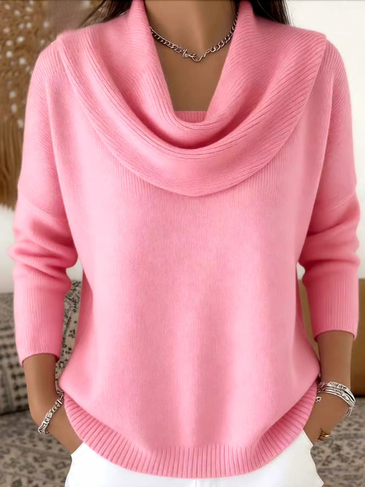 Suéter feminino de tricô com gola drapeada, mangas longas, lã merino, pulôver de manga longa