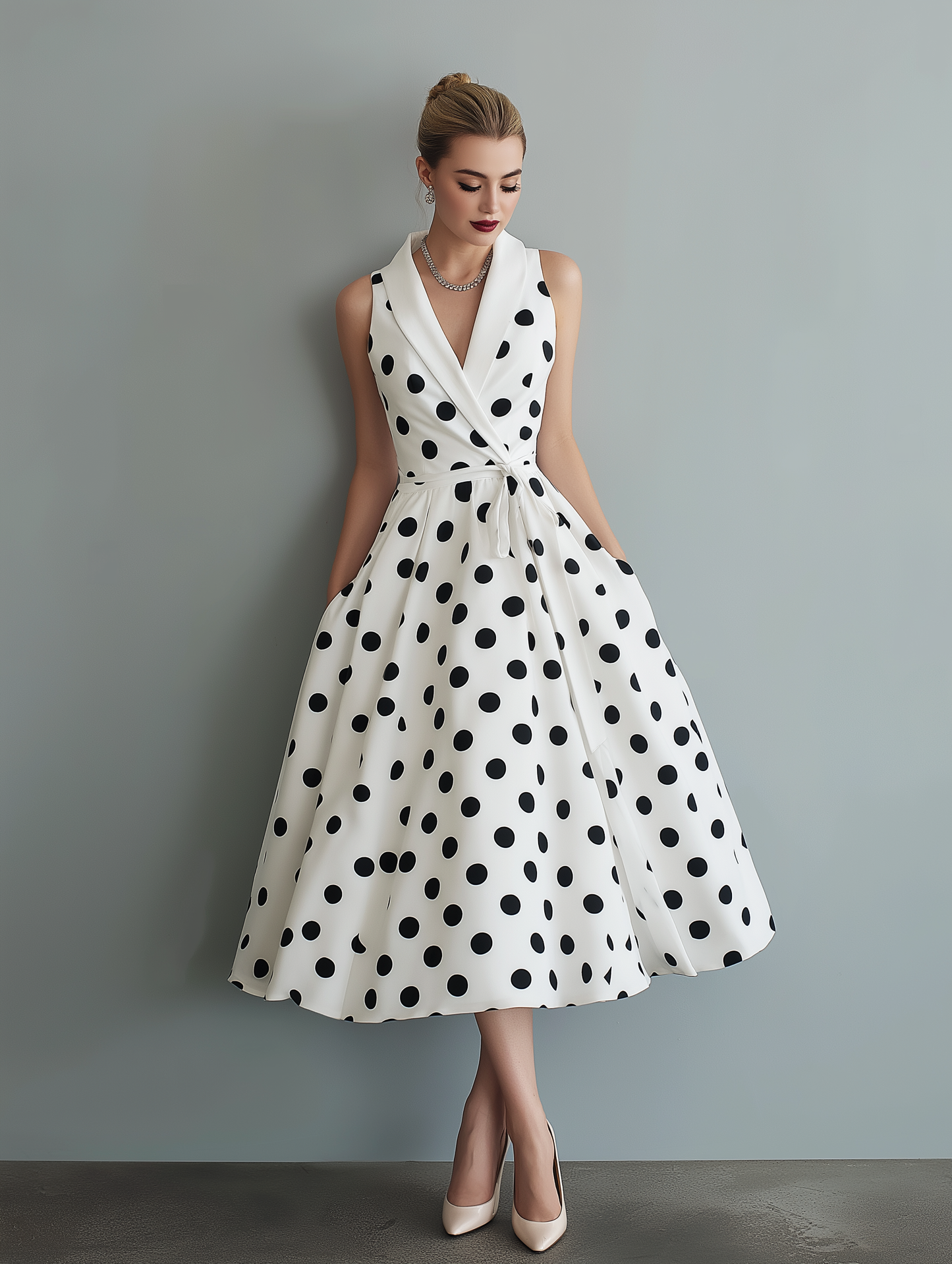 Vestido midi feminino elegante, preto e branco, de tecido tramado, com gola e sem mangas, estampado de poás