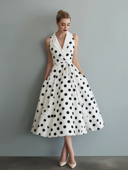 Vestido midi feminino elegante, preto e branco, de tecido tramado, com gola e sem mangas, estampado de poás