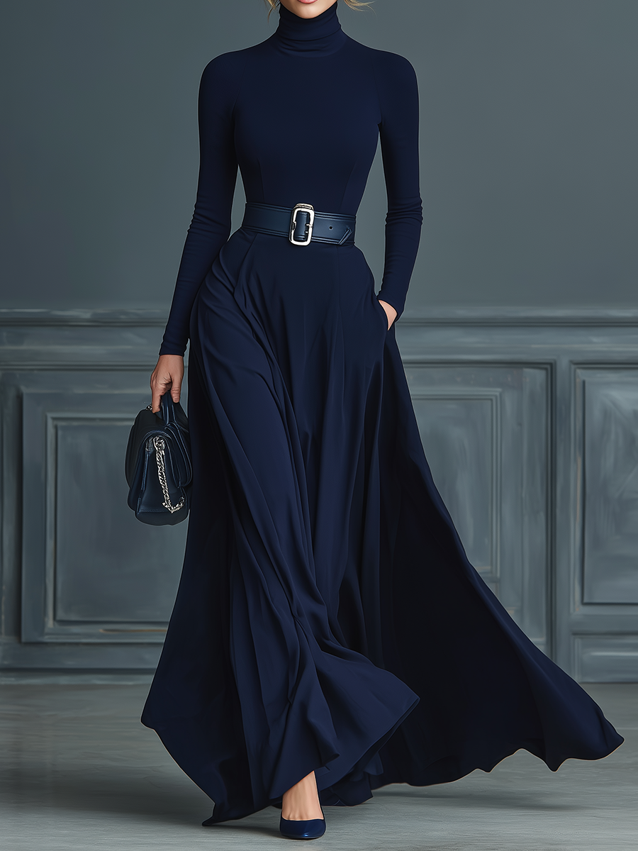 Vestido feminino azul-marinho de tricô com gola alta