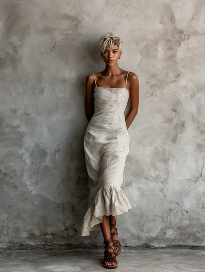 Vestido maxi feminino bege listrado, com alças finas e barra assimétrica com babados