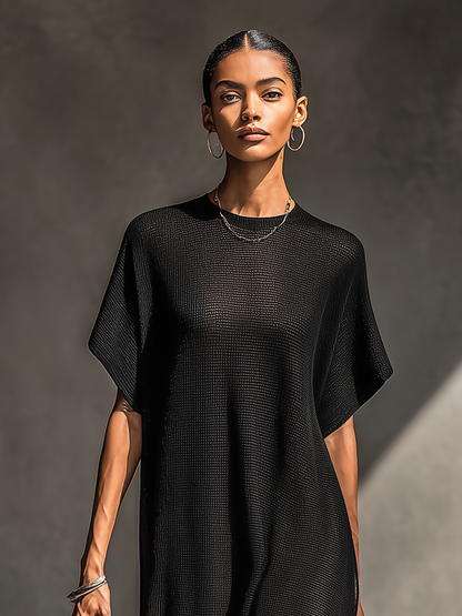 Vestido longo feminino minimalista de malha transparente com mangas curtas