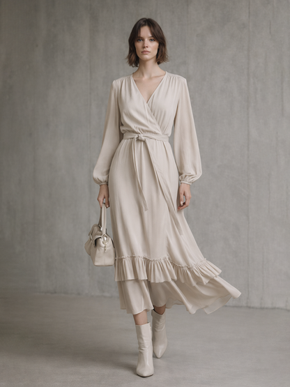 Vestido midi cruzado beige para mujer, de mezcla de algodón, con mangas largas y volantes