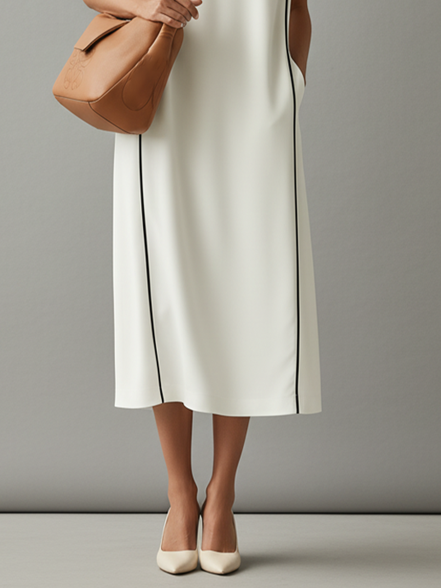 Weißes Damenkleid aus Baumwolle mit kontrastierenden Paspeln und Seitentaschen, zeitloser, minimalistischer und eleganter Stil