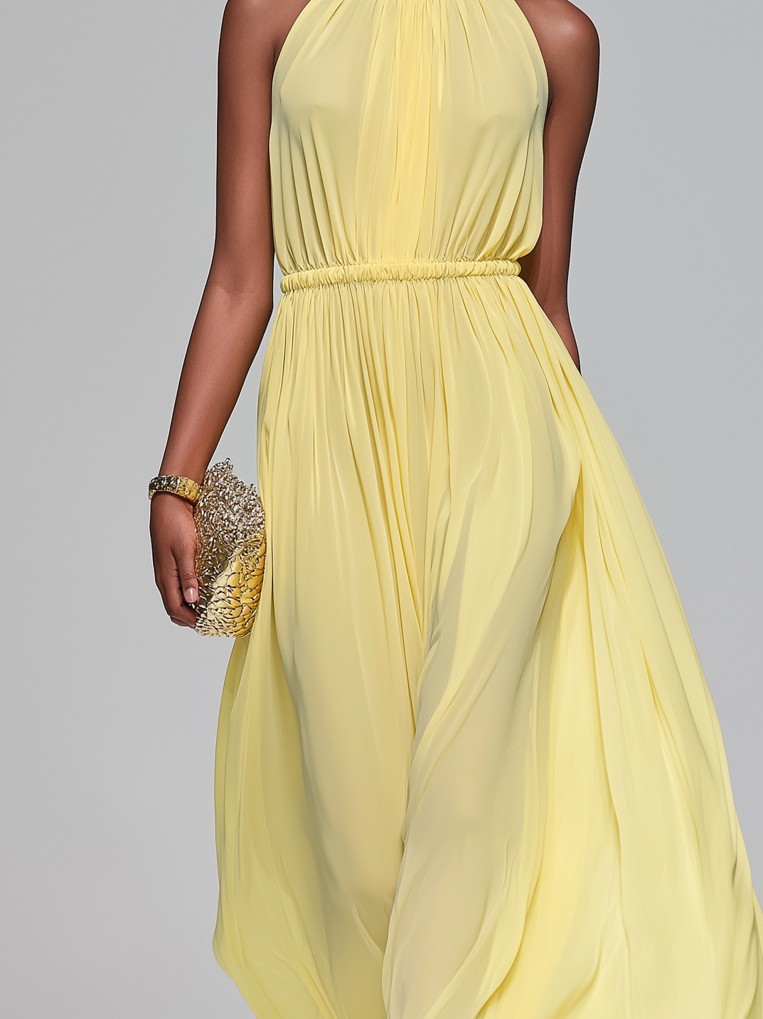 Elegantes, hellgelbes, ärmelloses langes Chiffonkleid mit Rundhalsausschnitt für Damen