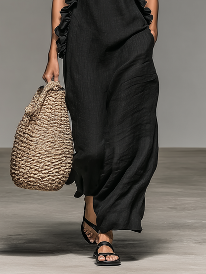 Vestido largo sin mangas minimalista para mujer, mezcla de lino, con detalles de volantes MDZ1622A0Y