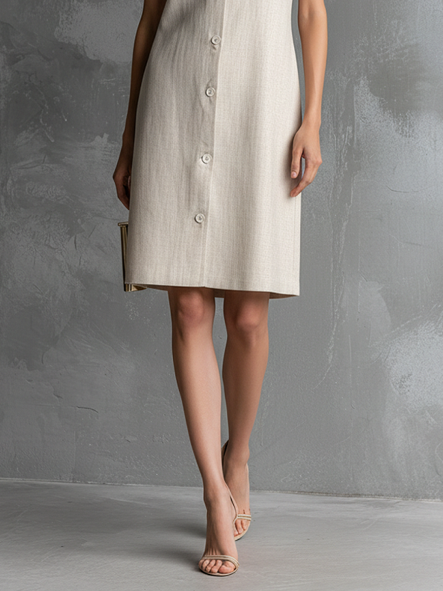 Vestido midi feminino marfim de algodão e linho, sem mangas, com decote em V e fechamento frontal com botões