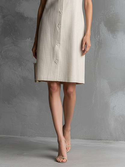 Vestido midi feminino marfim de algodão e linho, sem mangas, com decote em V e fechamento frontal com botões